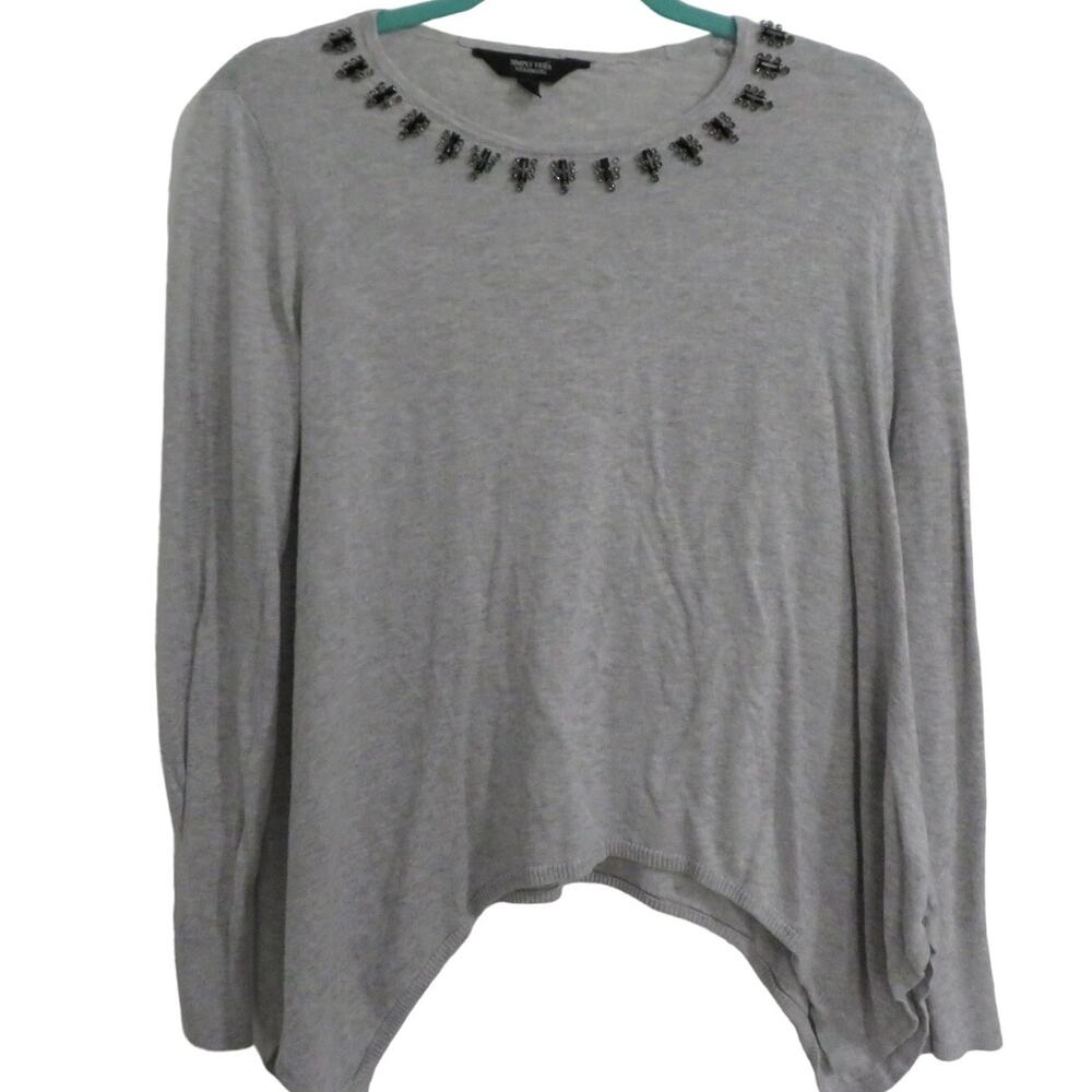 Simply Vera Womens Sz M Gray Knit Beaded Sweater Shark Bite Pullover Sweater